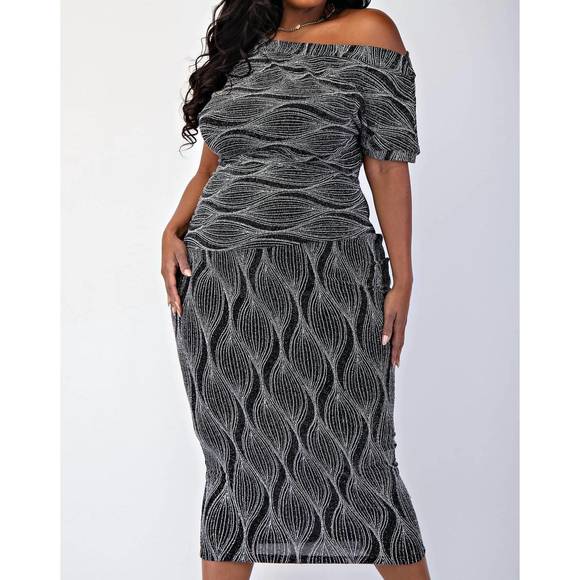NEW THE CURVE LA plus size glitter knit off shoulder knit midi dress in black/si - Picture 1 of 5